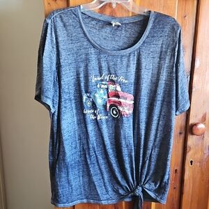 Cato washed Denim BlueTie-Front Graphic Tee with Patriotic Truck